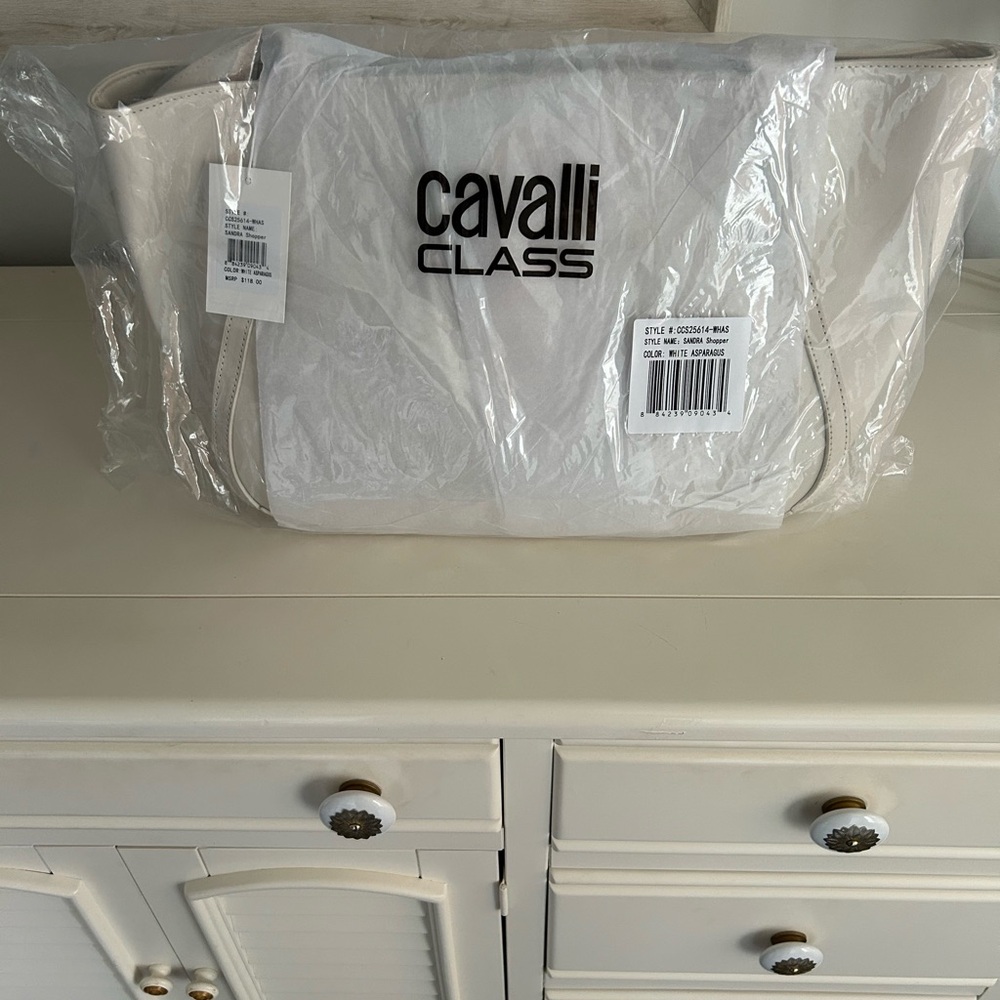 NWT Cavalli Class Sandra Shopper Tote Bag White Asparagus with Gold Hardware - Picture 14 of 14